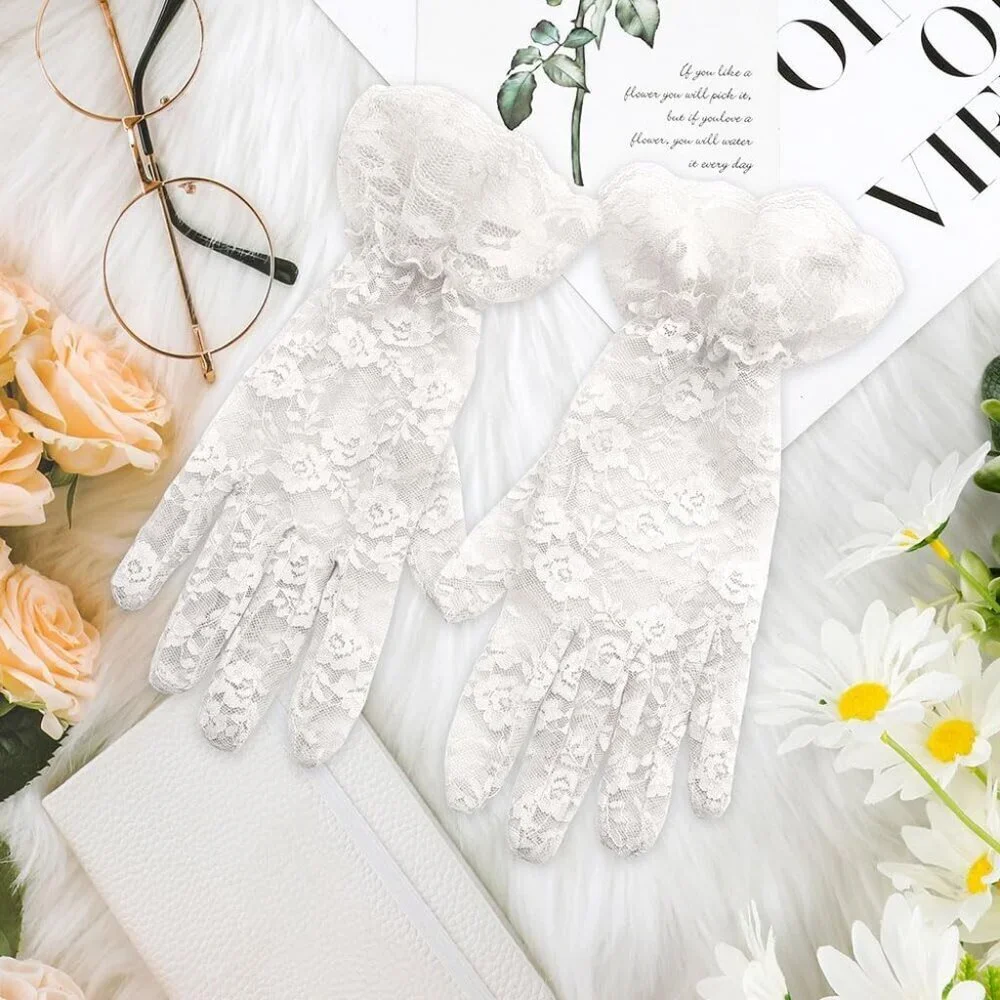 Women's Evening White Flower Pattern Lace Gloves Design Wedding Party Prom